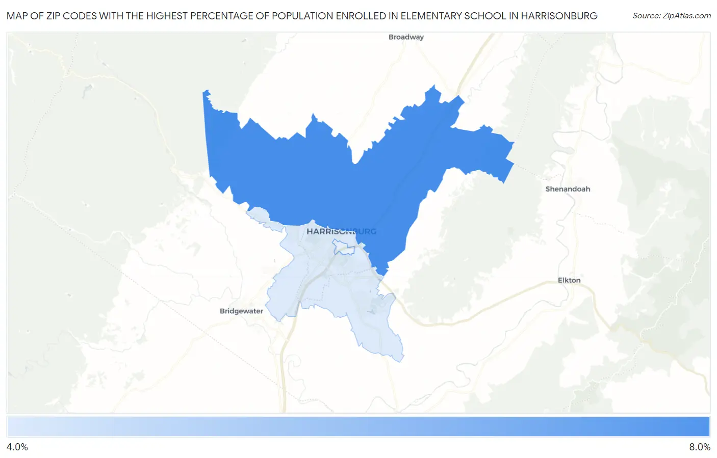 Zip Codes with the Highest Percentage of Population Enrolled in Elementary School in Harrisonburg Map