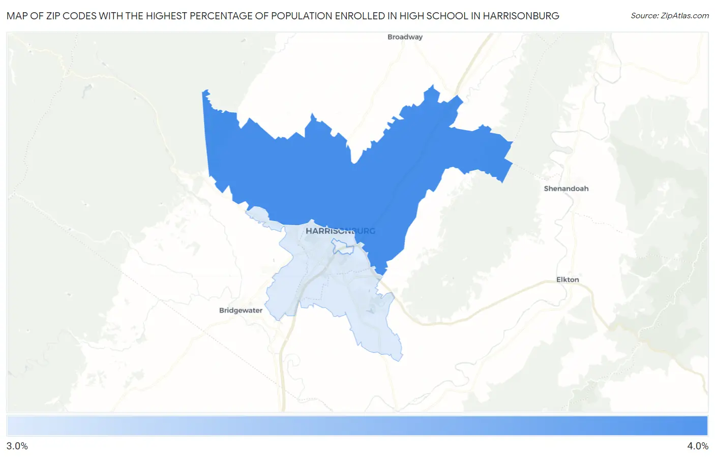 Zip Codes with the Highest Percentage of Population Enrolled in High School in Harrisonburg Map