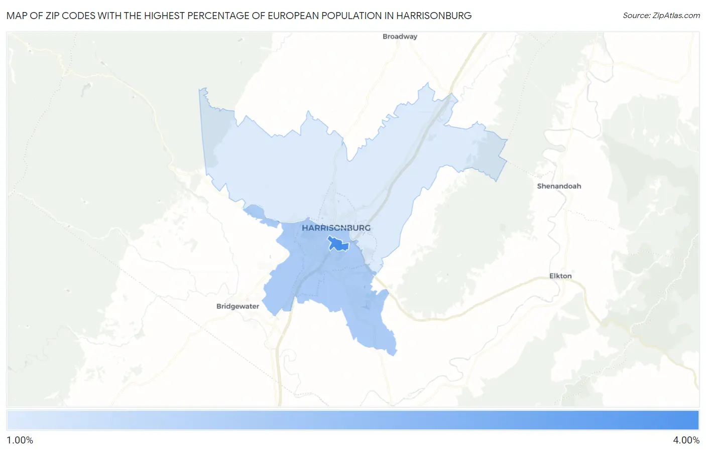 Zip Codes with the Highest Percentage of European Population in Harrisonburg Map