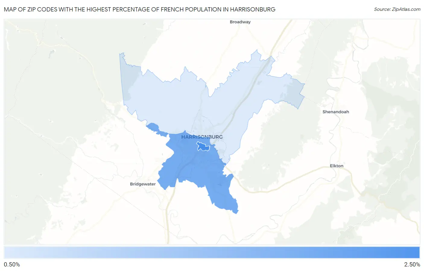 Zip Codes with the Highest Percentage of French Population in Harrisonburg Map