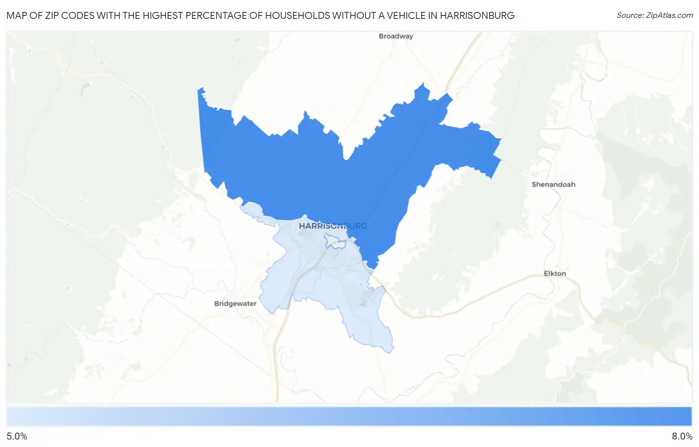Zip Codes with the Highest Percentage of Households Without a Vehicle in Harrisonburg Map