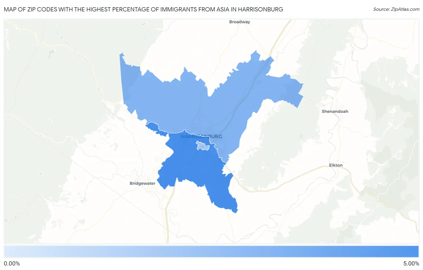 Zip Codes with the Highest Percentage of Immigrants from Asia in Harrisonburg Map