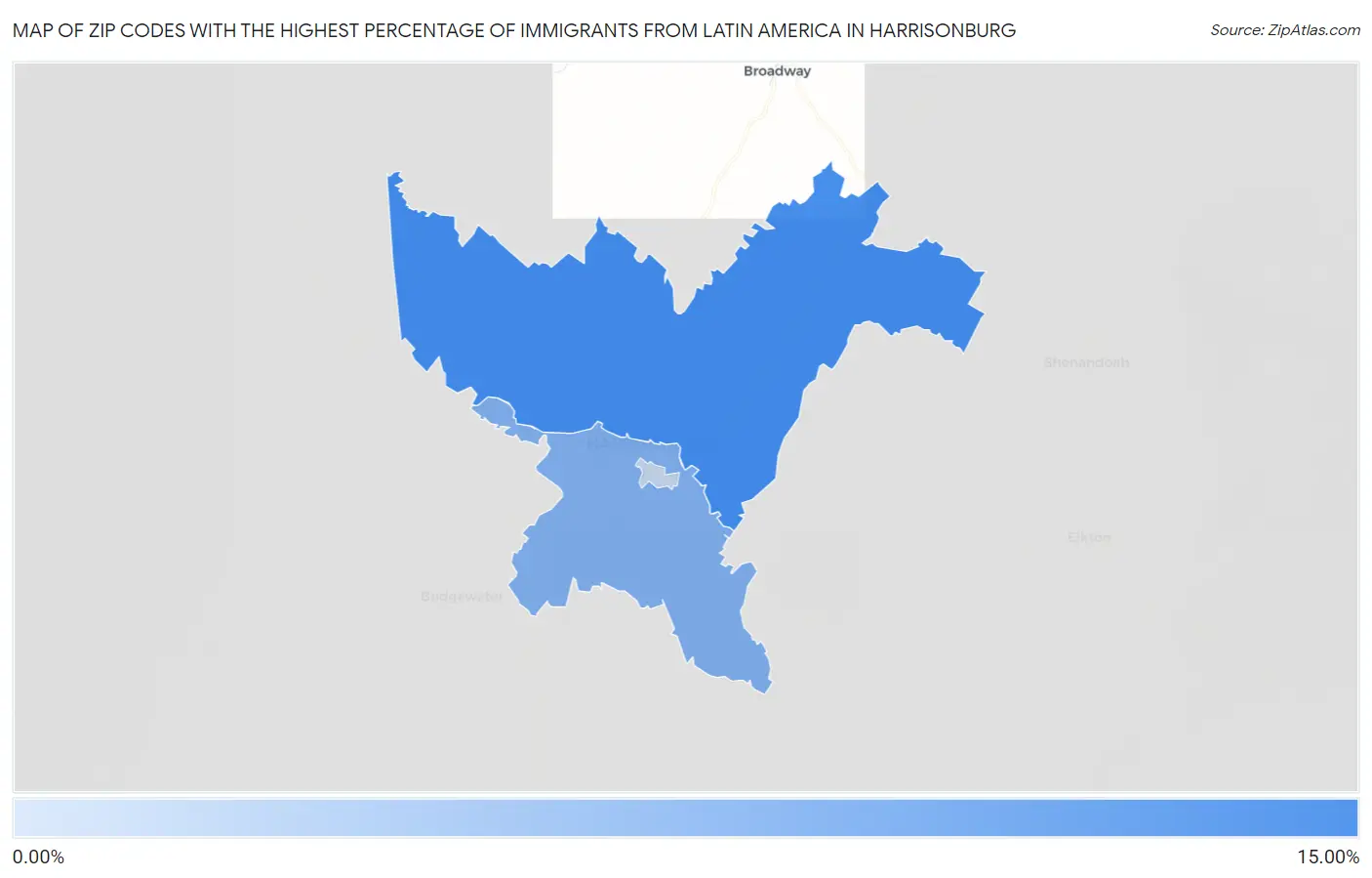 Zip Codes with the Highest Percentage of Immigrants from Latin America in Harrisonburg Map