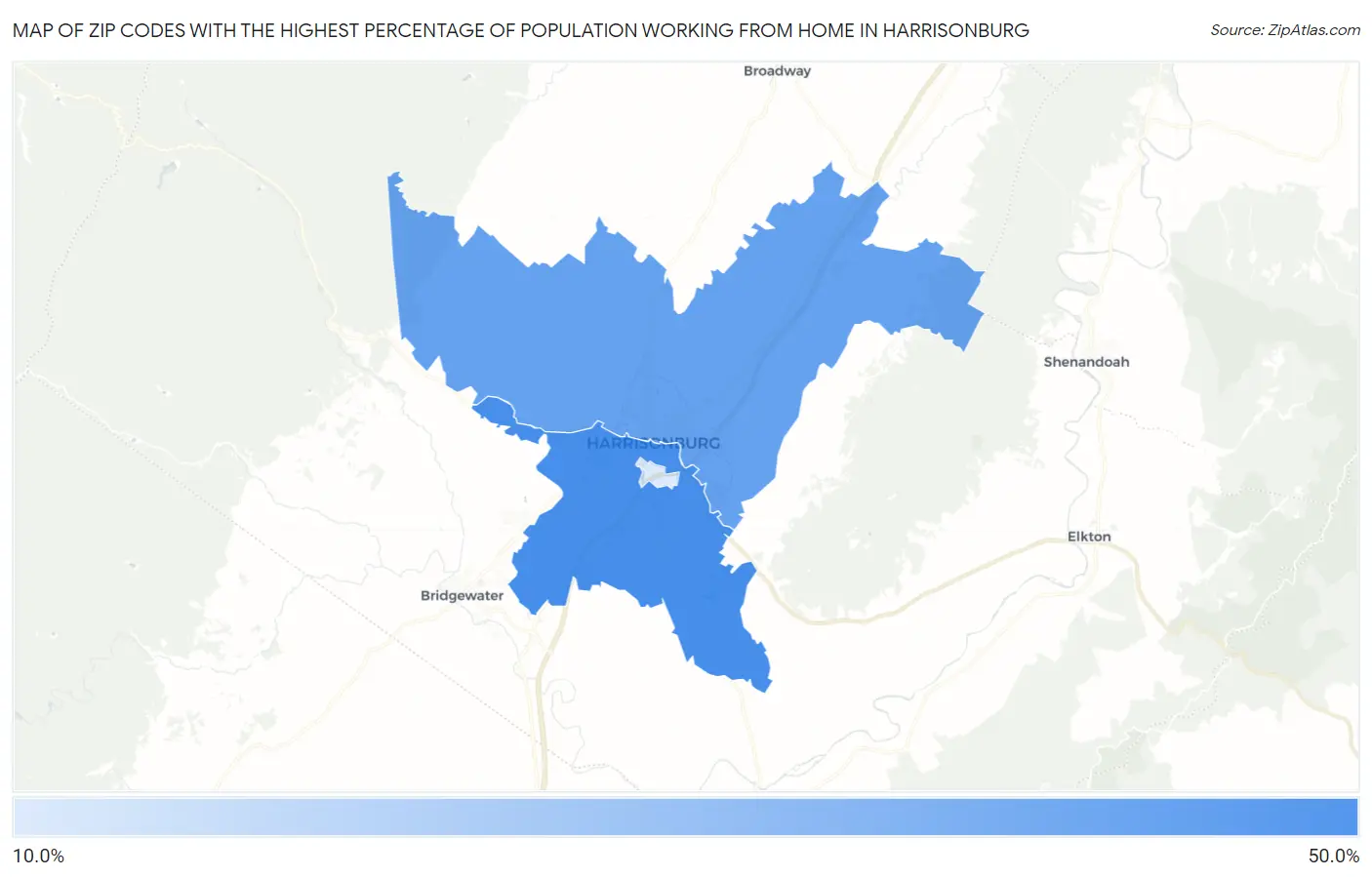 Zip Codes with the Highest Percentage of Population Working from Home in Harrisonburg Map