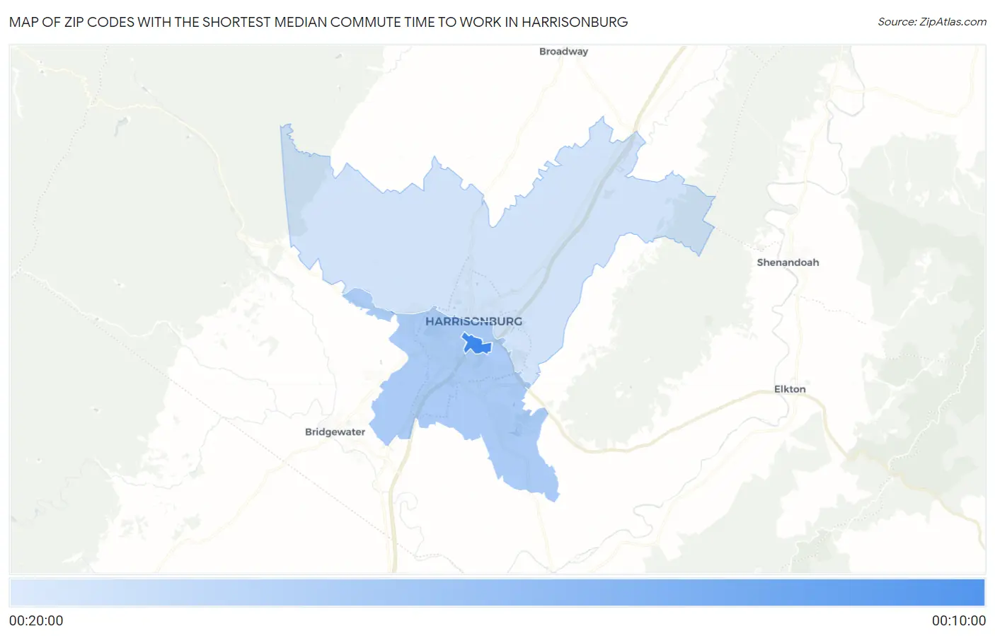 Zip Codes with the Shortest Median Commute Time to Work in Harrisonburg Map