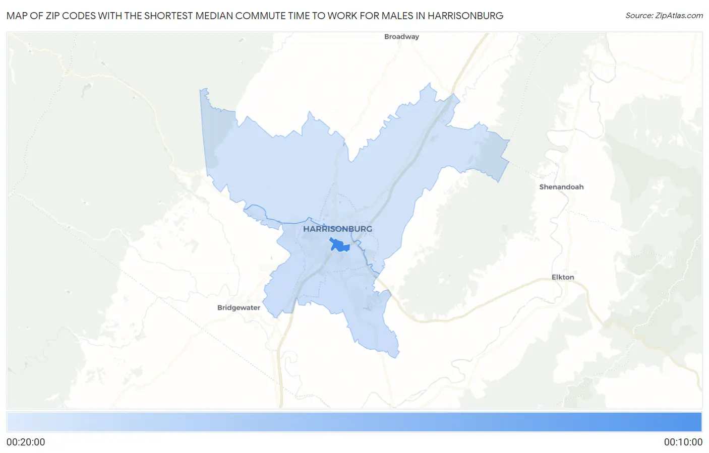 Zip Codes with the Shortest Median Commute Time to Work for Males in Harrisonburg Map