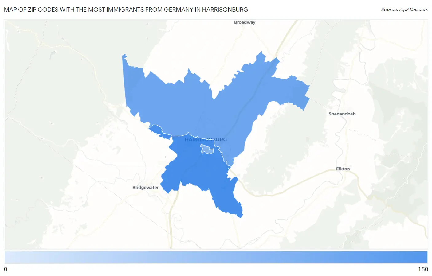 Zip Codes with the Most Immigrants from Germany in Harrisonburg Map