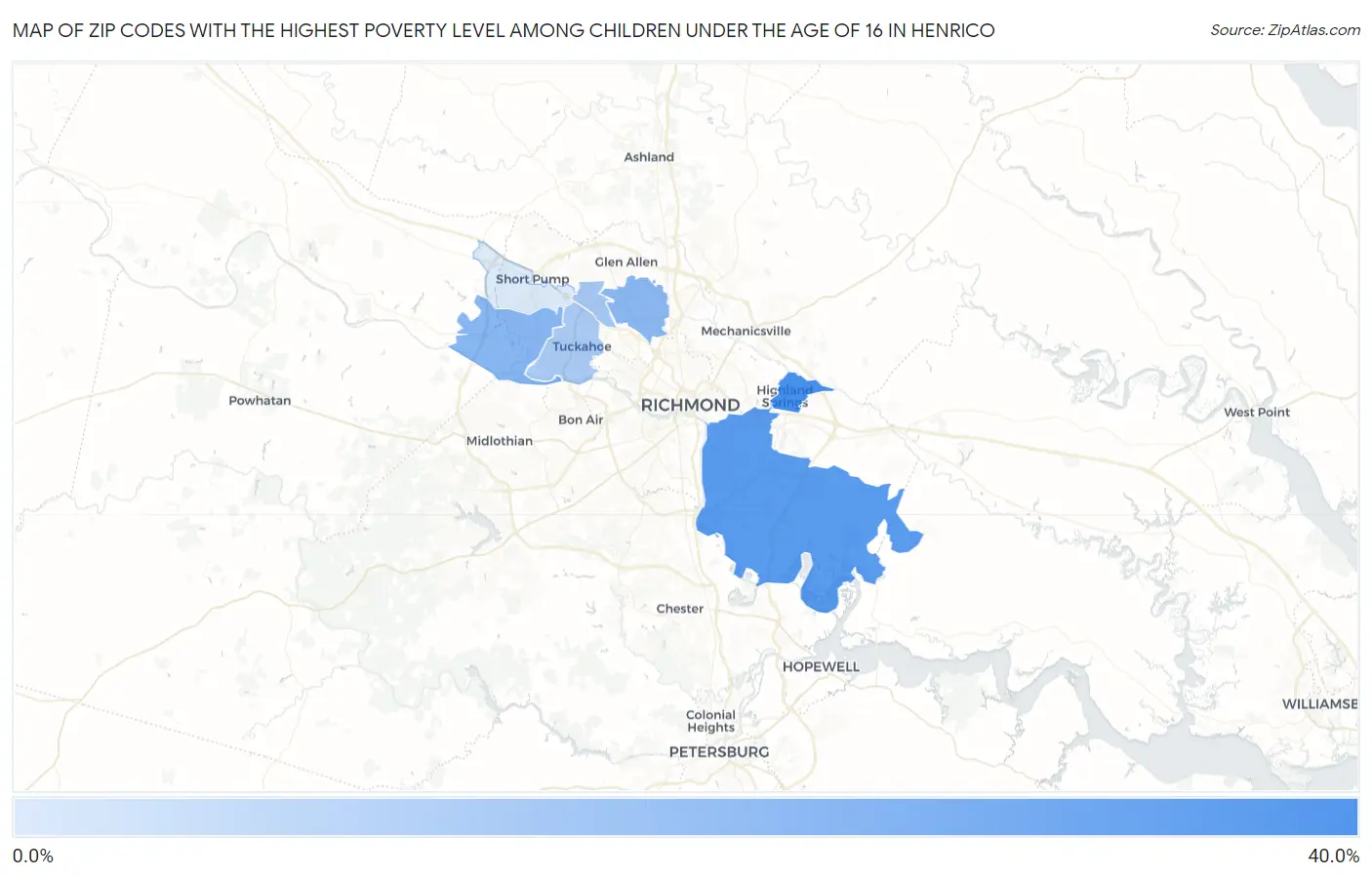 Zip Codes with the Highest Poverty Level Among Children Under the Age of 16 in Henrico Map