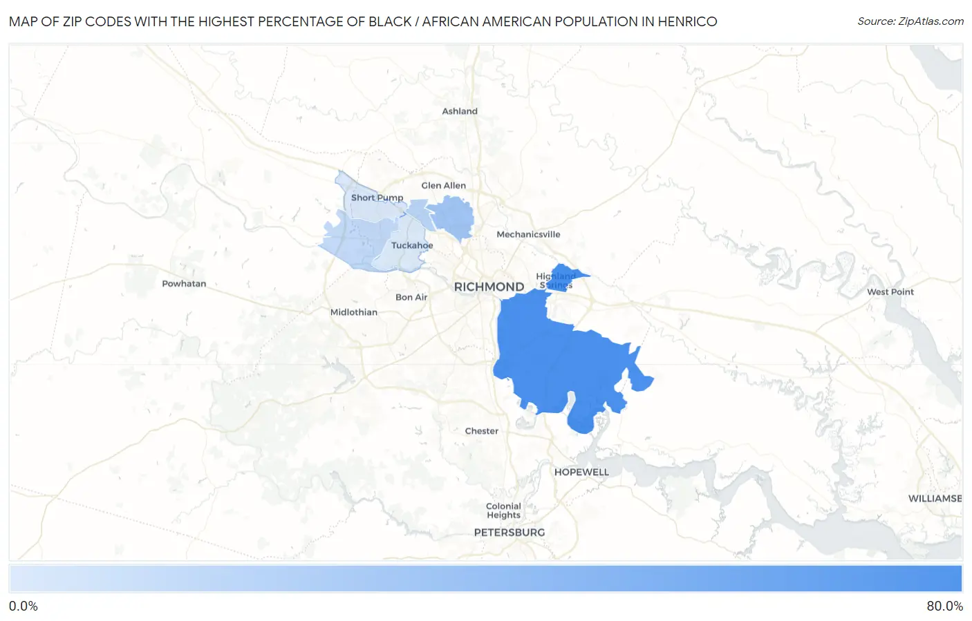 Zip Codes with the Highest Percentage of Black / African American Population in Henrico Map
