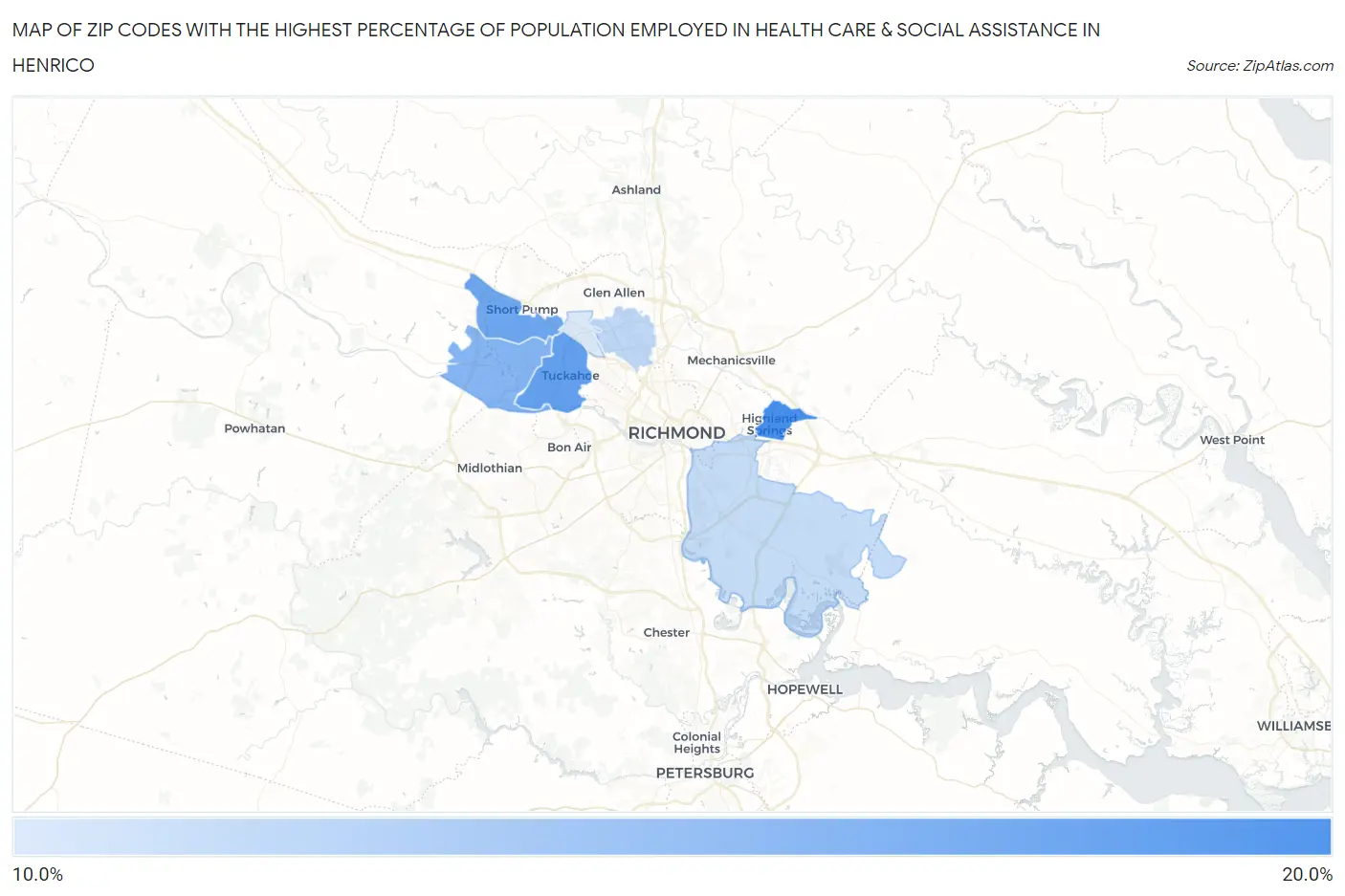 Zip Codes with the Highest Percentage of Population Employed in Health Care & Social Assistance in Henrico Map