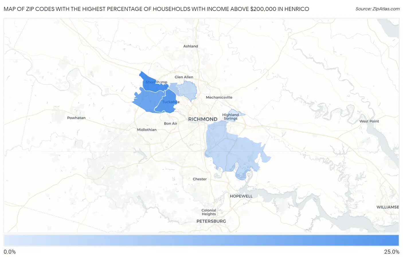 Zip Codes with the Highest Percentage of Households with Income Above $200,000 in Henrico Map