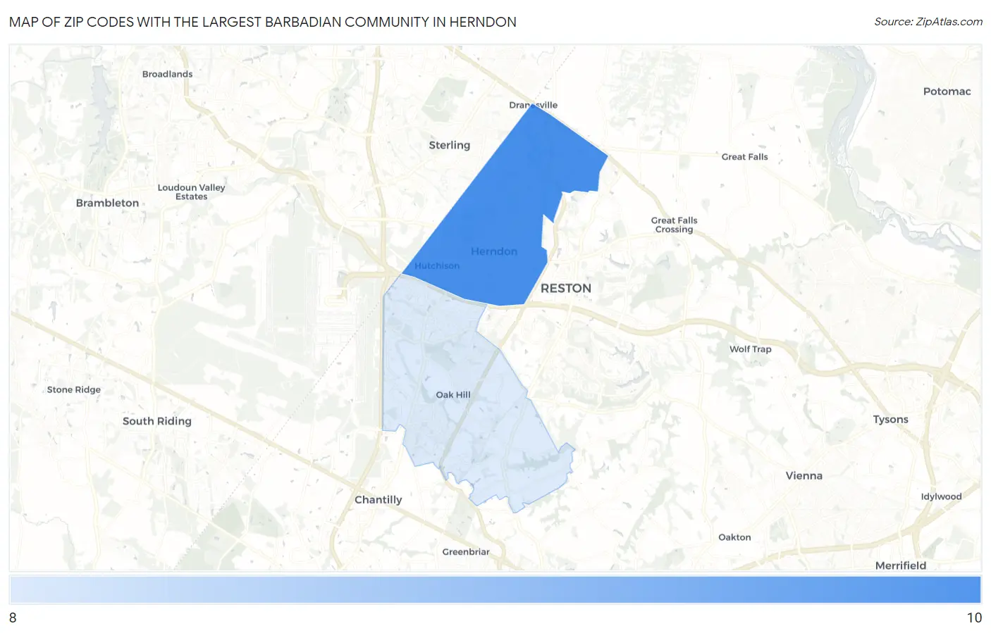 Zip Codes with the Largest Barbadian Community in Herndon Map