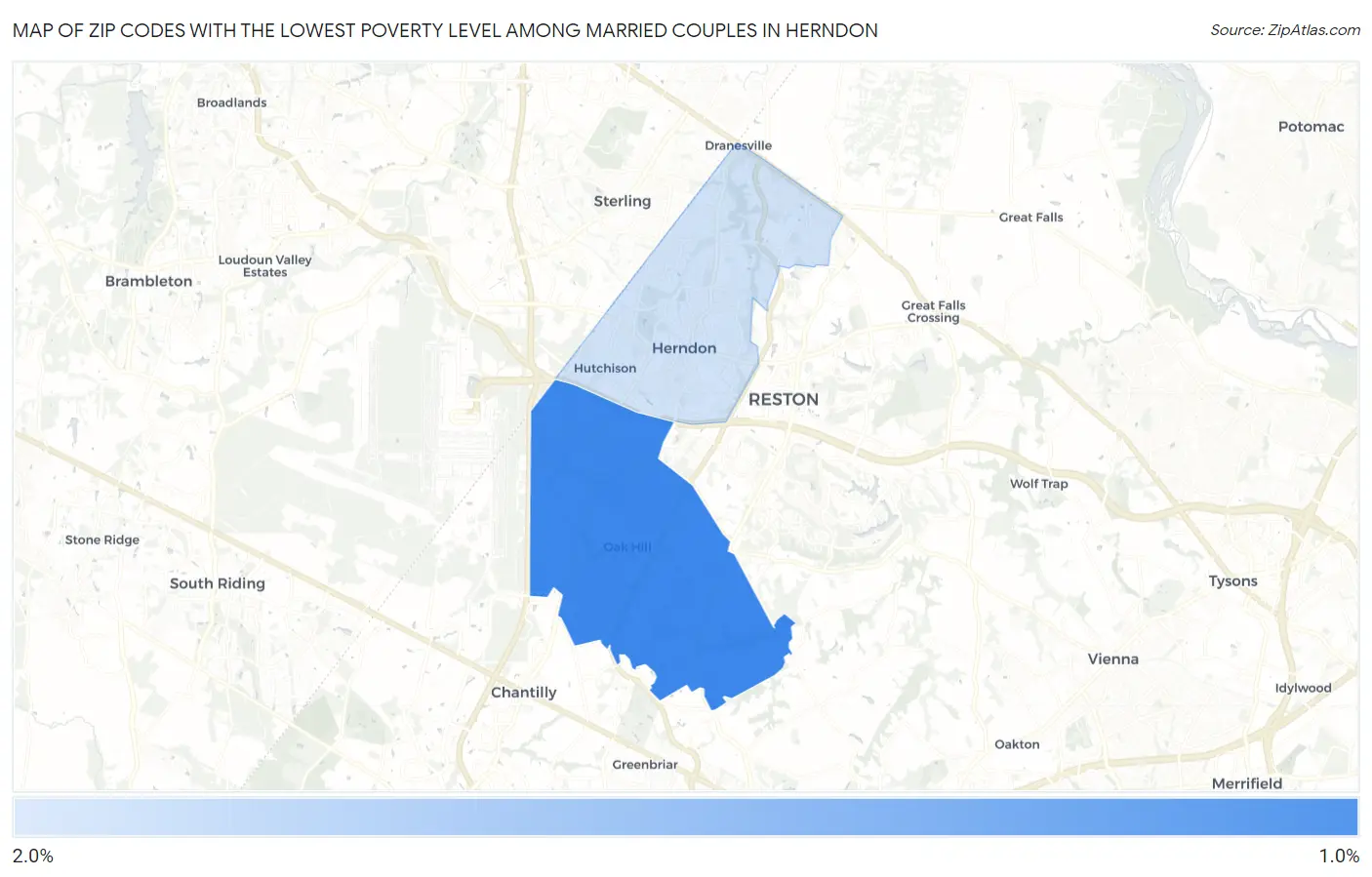 Zip Codes with the Lowest Poverty Level Among Married Couples in Herndon Map