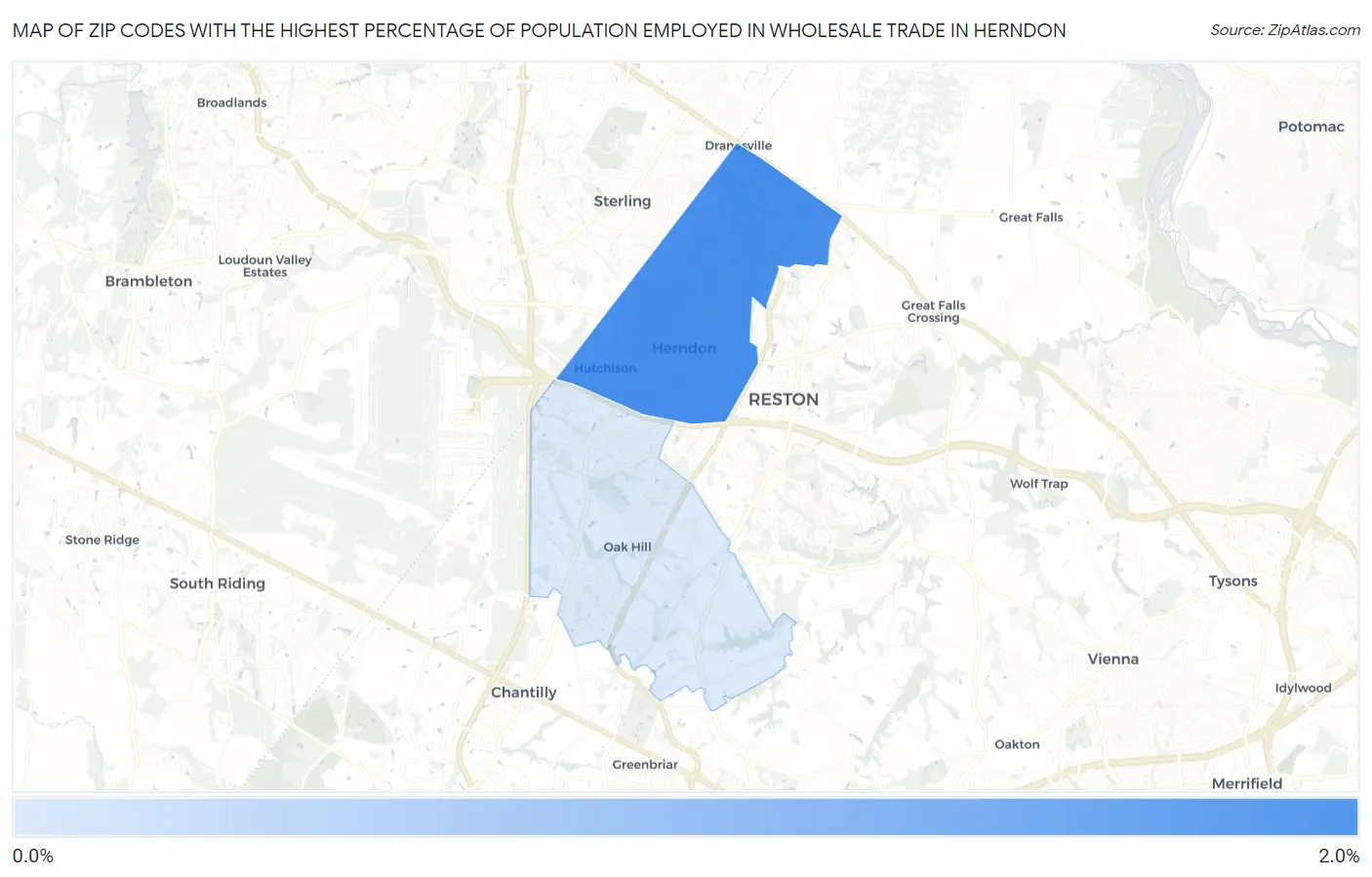 Zip Codes with the Highest Percentage of Population Employed in Wholesale Trade in Herndon Map