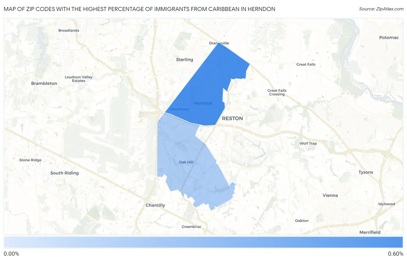 Zip Codes with the Highest Percentage of Immigrants from Caribbean in Herndon Map