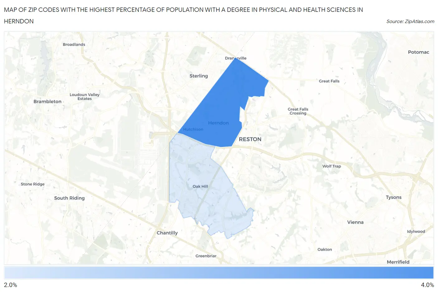 Zip Codes with the Highest Percentage of Population with a Degree in Physical and Health Sciences in Herndon Map