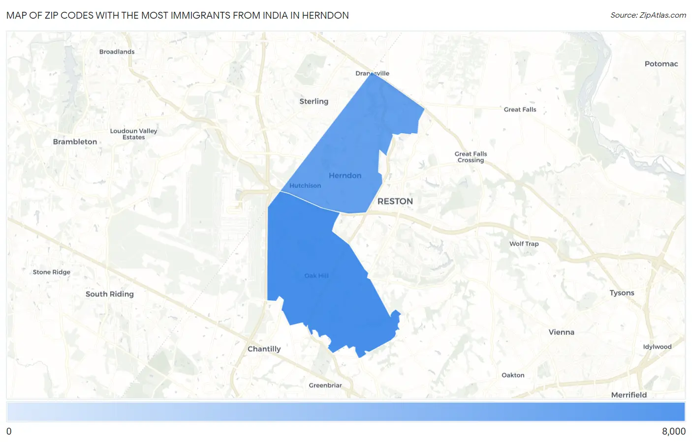 Zip Codes with the Most Immigrants from India in Herndon Map