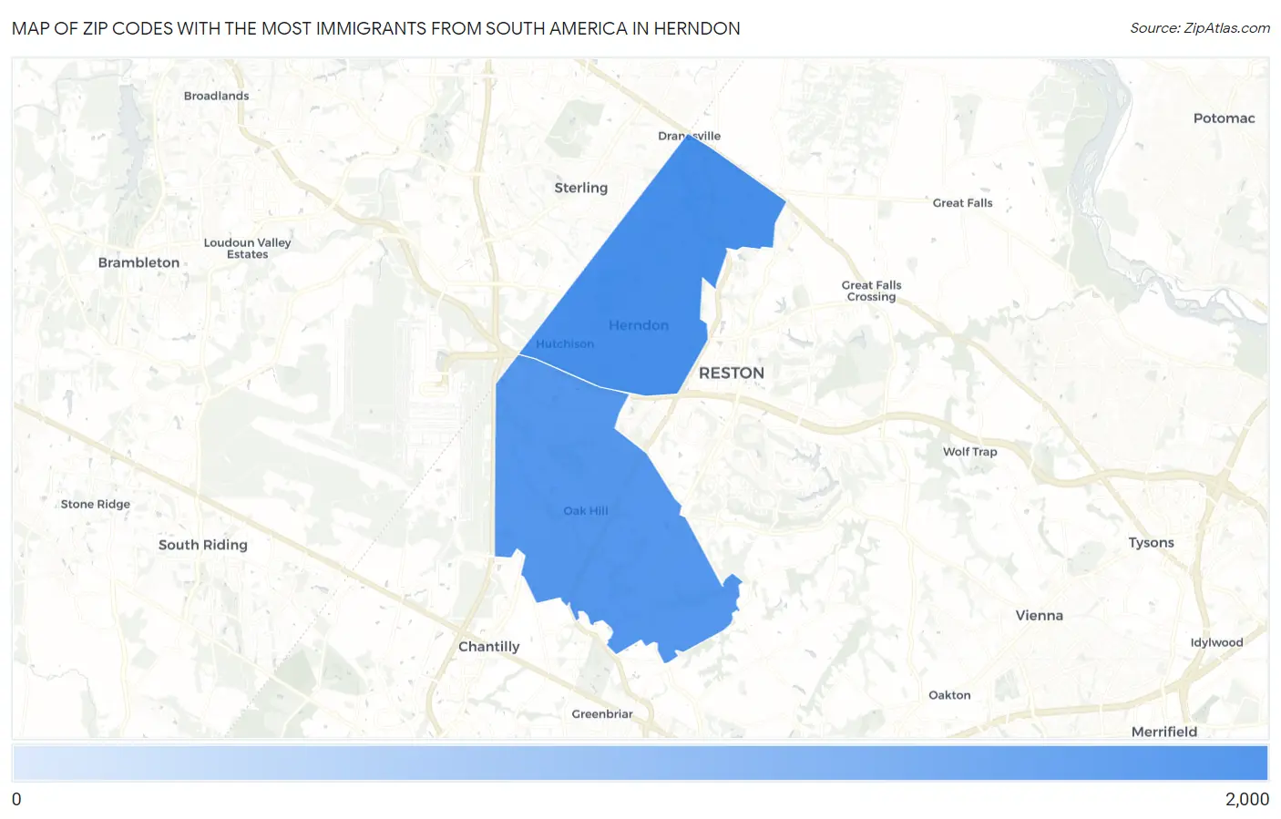 Zip Codes with the Most Immigrants from South America in Herndon Map