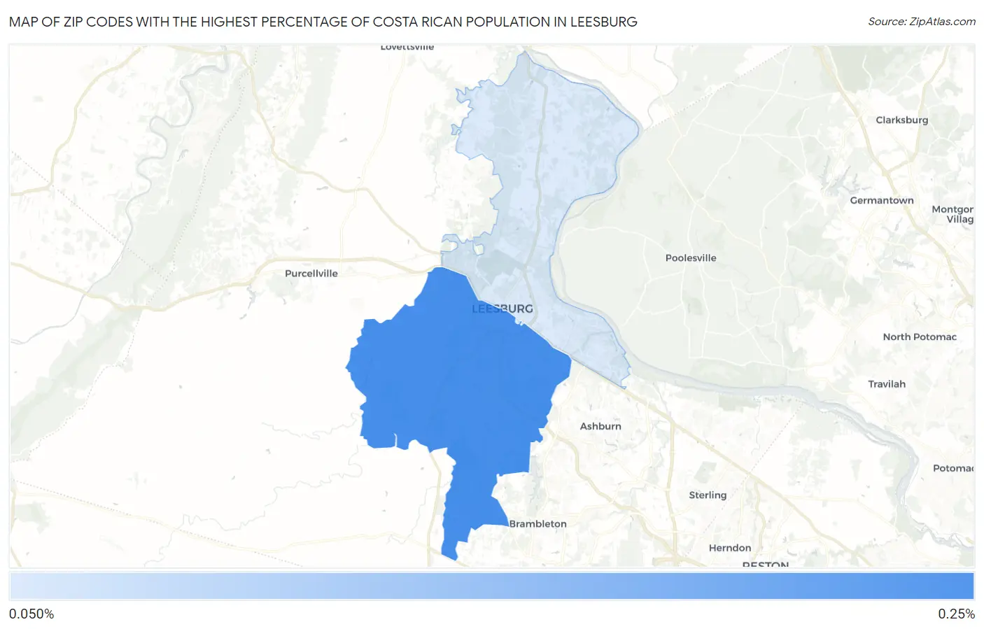 Zip Codes with the Highest Percentage of Costa Rican Population in Leesburg Map