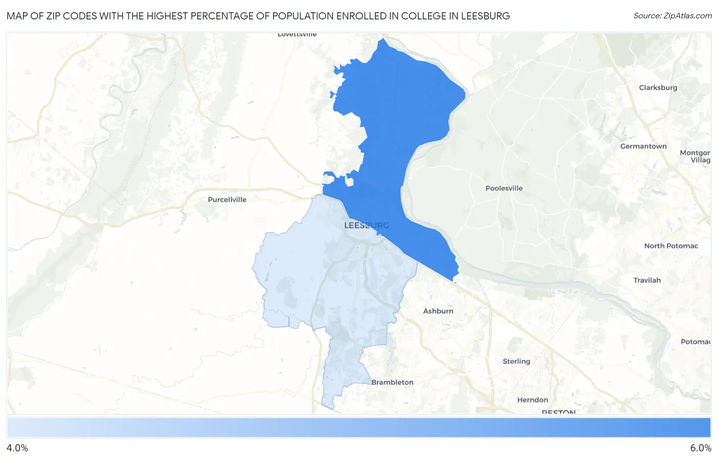 Zip Codes with the Highest Percentage of Population Enrolled in College in Leesburg Map