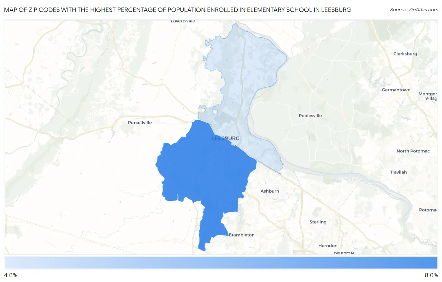 Zip Codes with the Highest Percentage of Population Enrolled in Elementary School in Leesburg Map