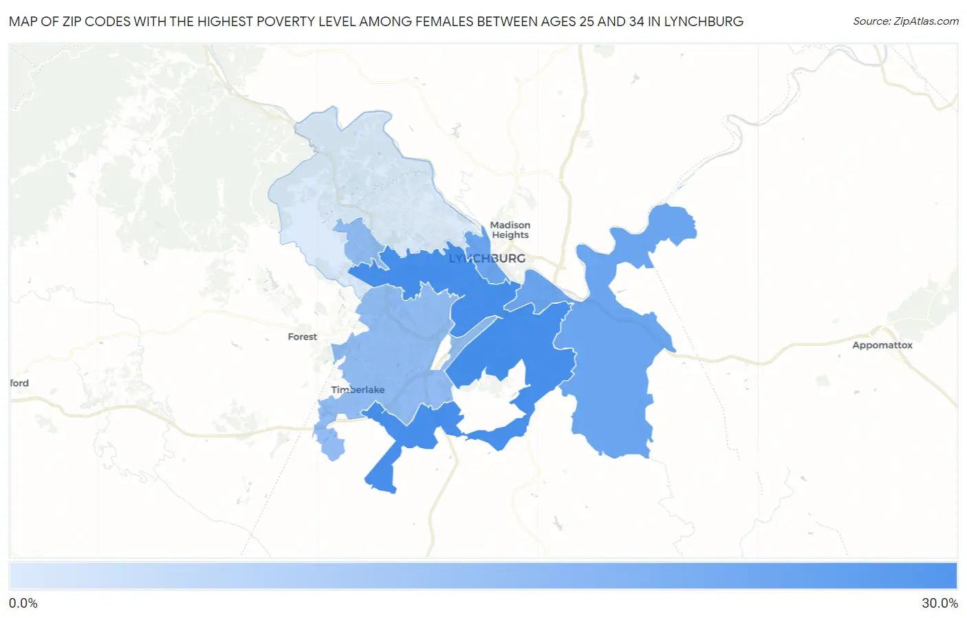 Zip Codes with the Highest Poverty Level Among Females Between Ages 25 and 34 in Lynchburg Map