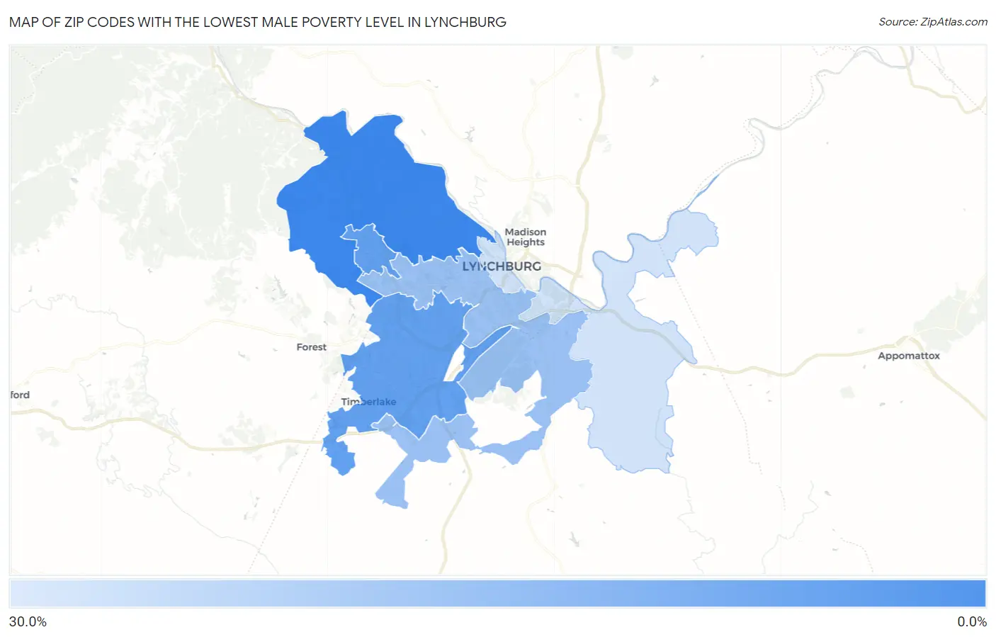 Zip Codes with the Lowest Male Poverty Level in Lynchburg Map