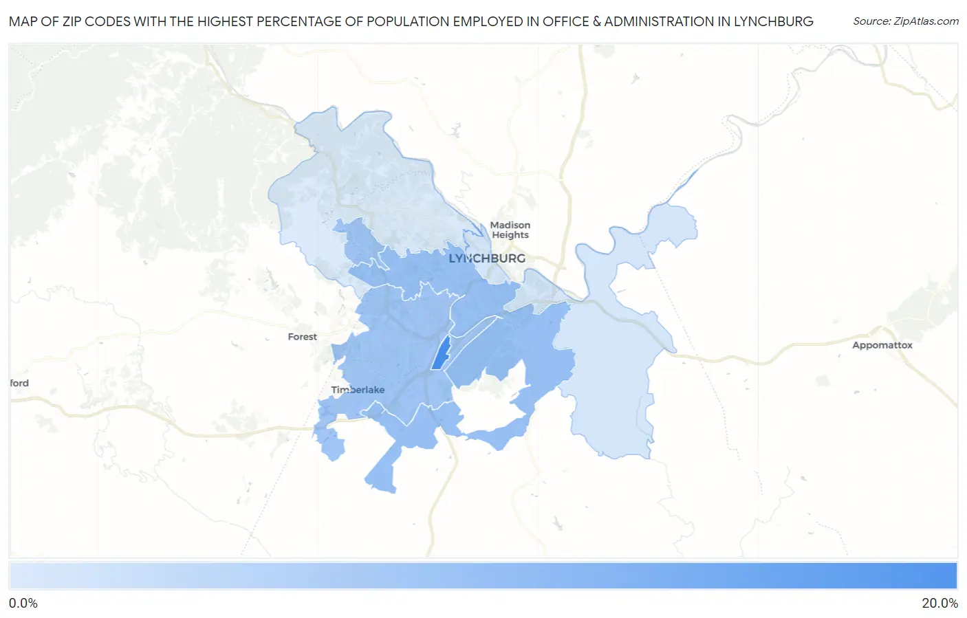 Zip Codes with the Highest Percentage of Population Employed in Office & Administration in Lynchburg Map