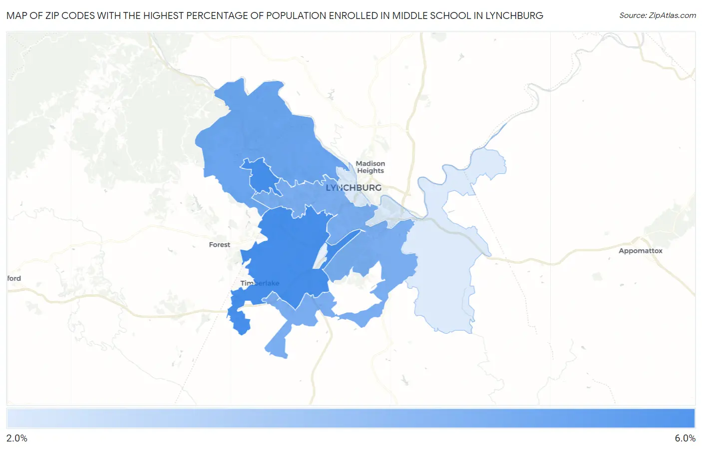 Zip Codes with the Highest Percentage of Population Enrolled in Middle School in Lynchburg Map