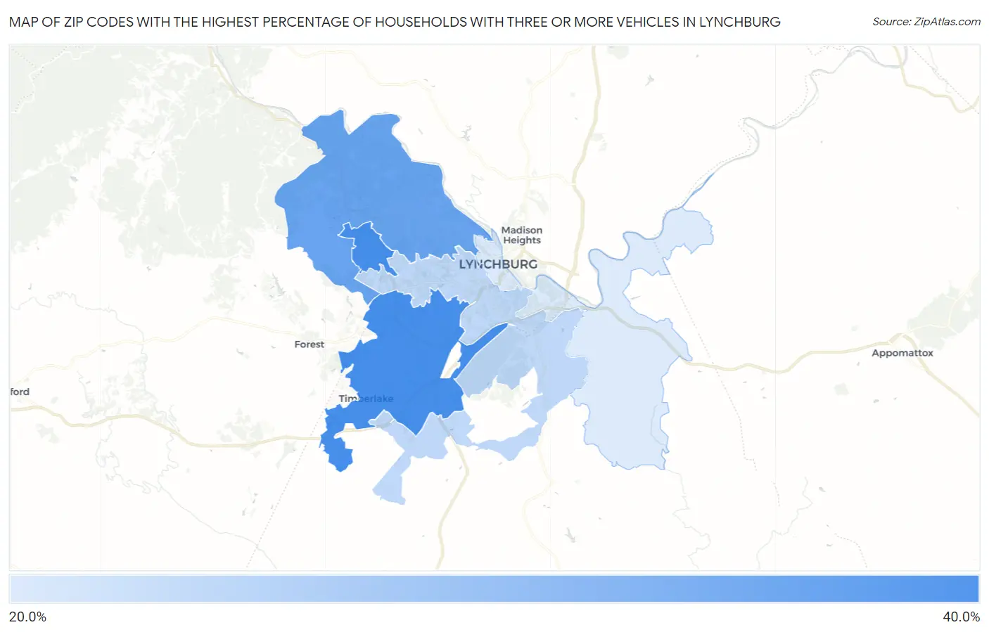 Zip Codes with the Highest Percentage of Households With Three or more Vehicles in Lynchburg Map