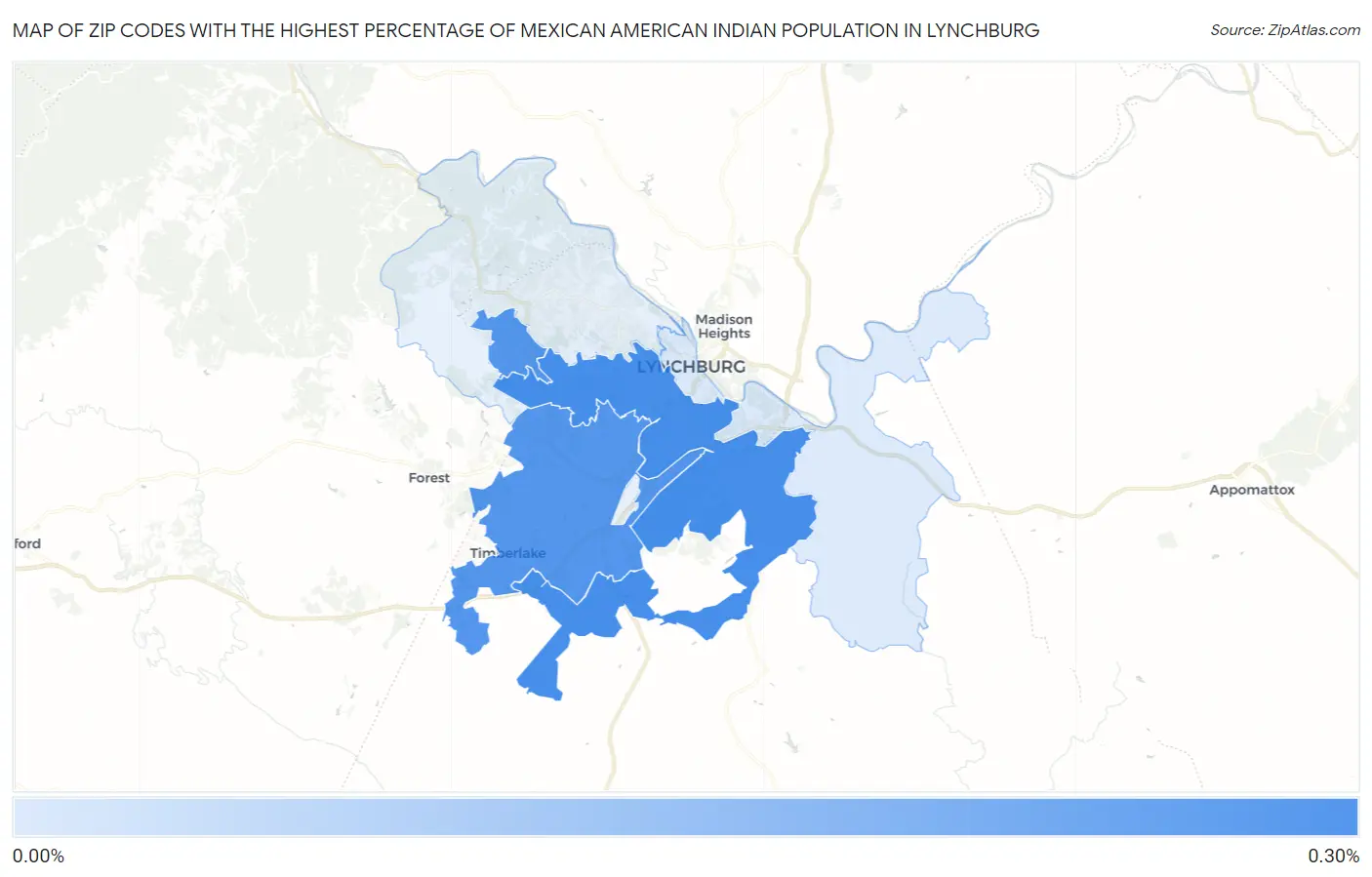 Zip Codes with the Highest Percentage of Mexican American Indian Population in Lynchburg Map