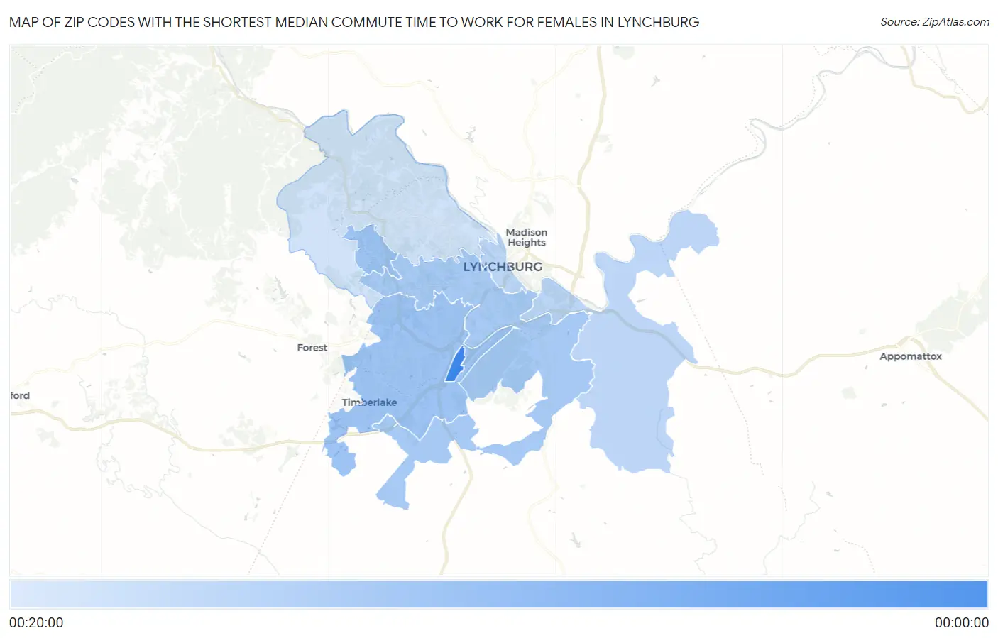 Zip Codes with the Shortest Median Commute Time to Work for Females in Lynchburg Map
