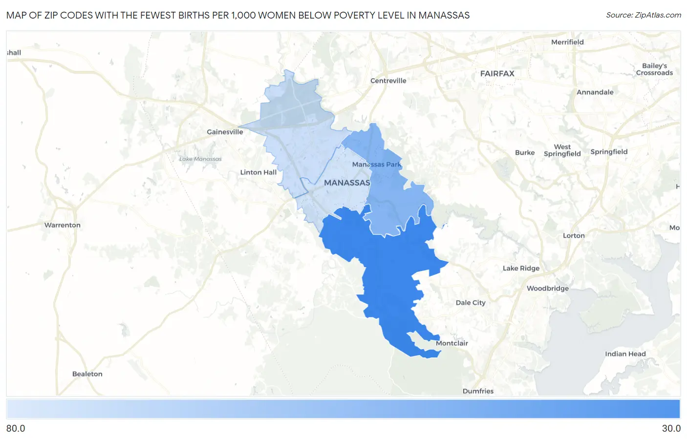 Zip Codes with the Fewest Births per 1,000 Women Below Poverty Level in Manassas Map