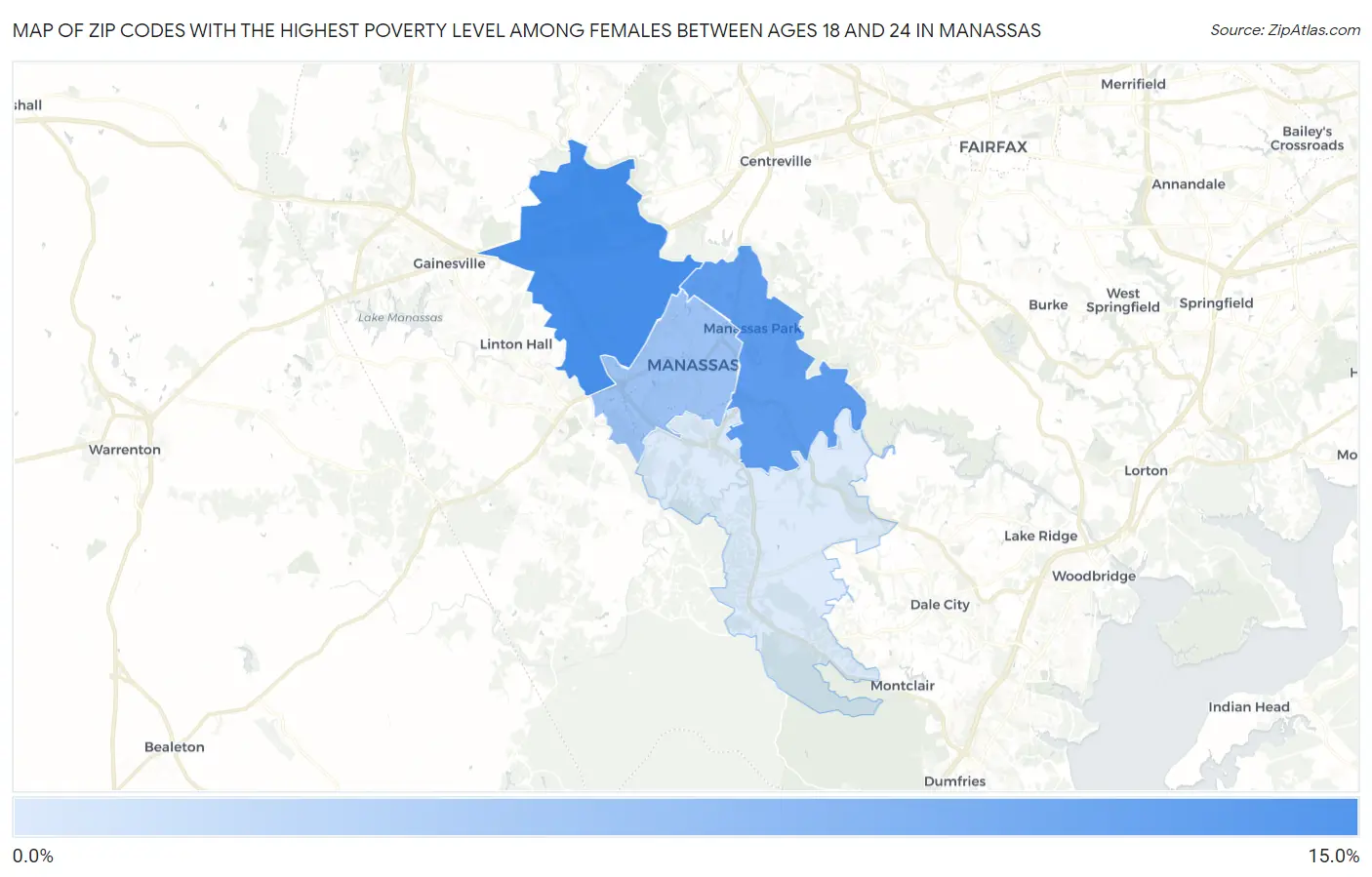 Zip Codes with the Highest Poverty Level Among Females Between Ages 18 and 24 in Manassas Map
