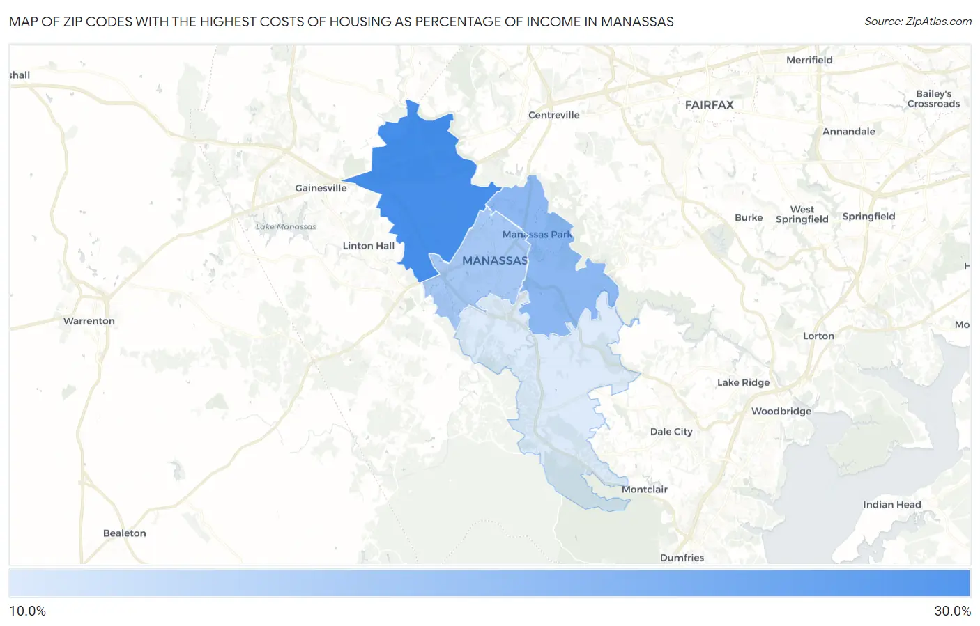 Zip Codes with the Highest Costs of Housing as Percentage of Income in Manassas Map
