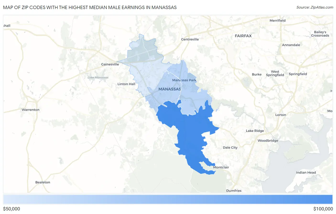 Zip Codes with the Highest Median Male Earnings in Manassas Map