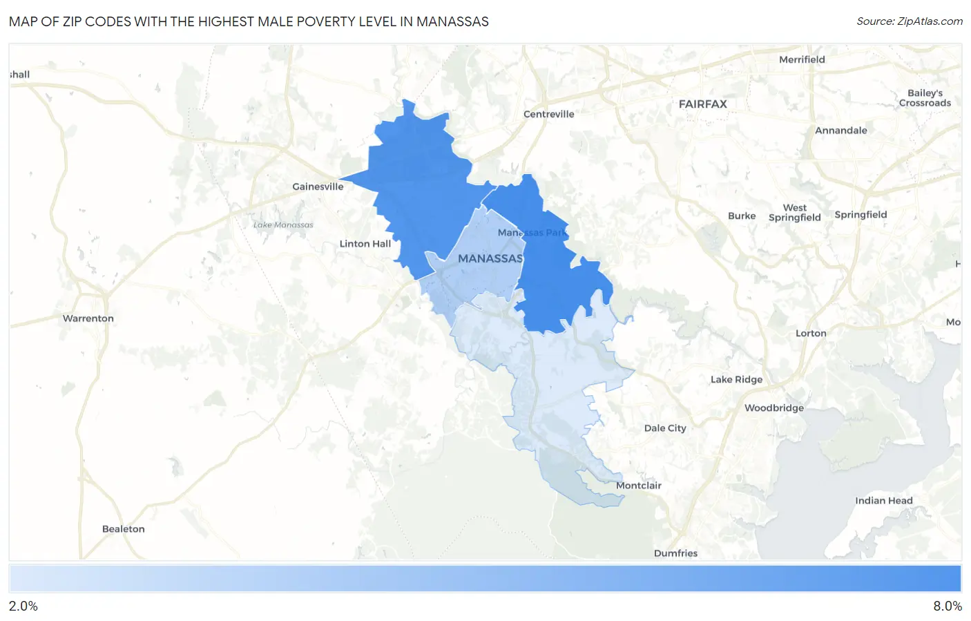Zip Codes with the Highest Male Poverty Level in Manassas Map