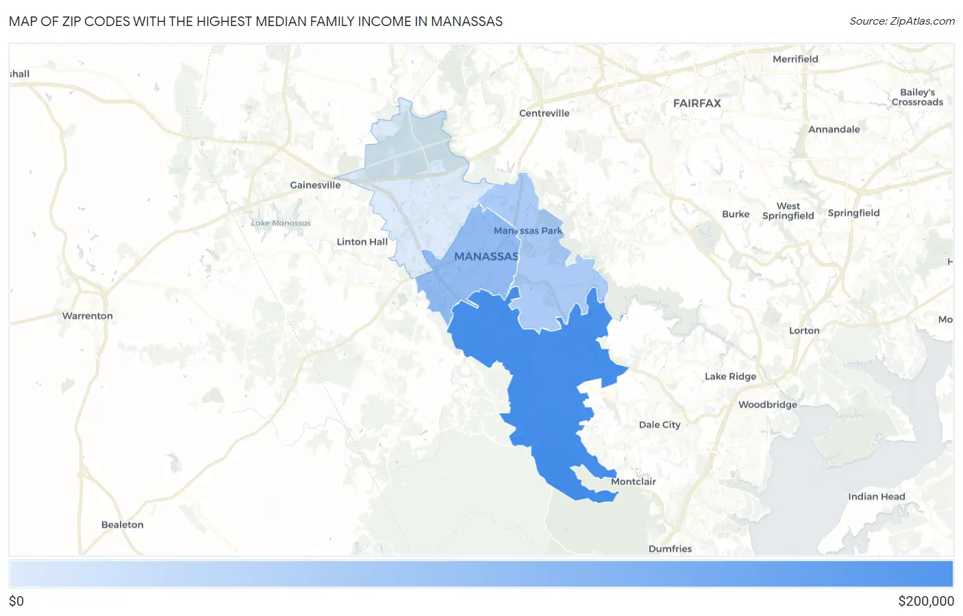 Zip Codes with the Highest Median Family Income in Manassas Map
