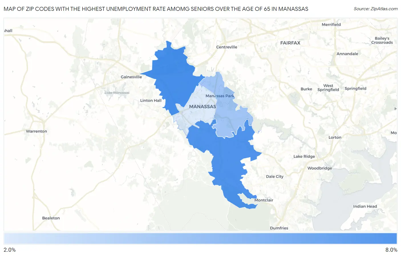 Zip Codes with the Highest Unemployment Rate Amomg Seniors Over the Age of 65 in Manassas Map