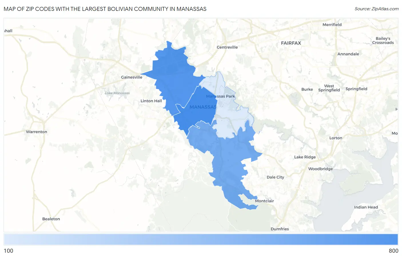 Zip Codes with the Largest Bolivian Community in Manassas Map