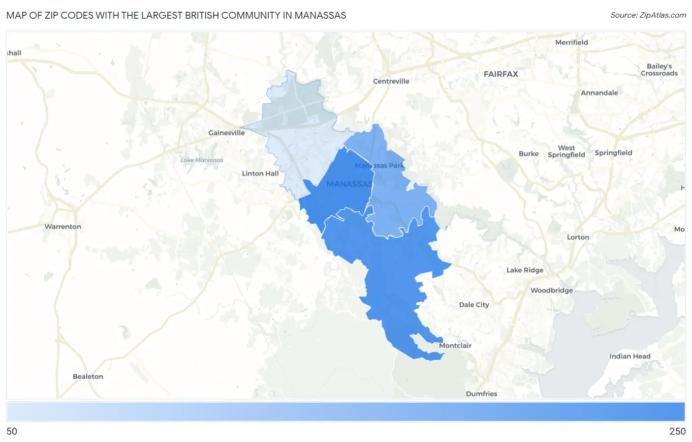 Zip Codes with the Largest British Community in Manassas Map