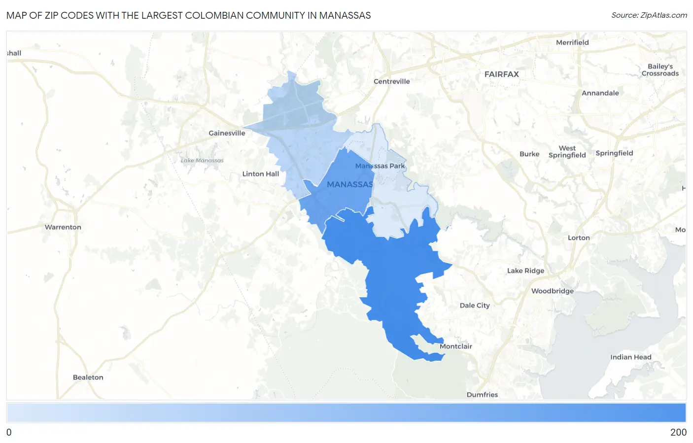 Zip Codes with the Largest Colombian Community in Manassas Map