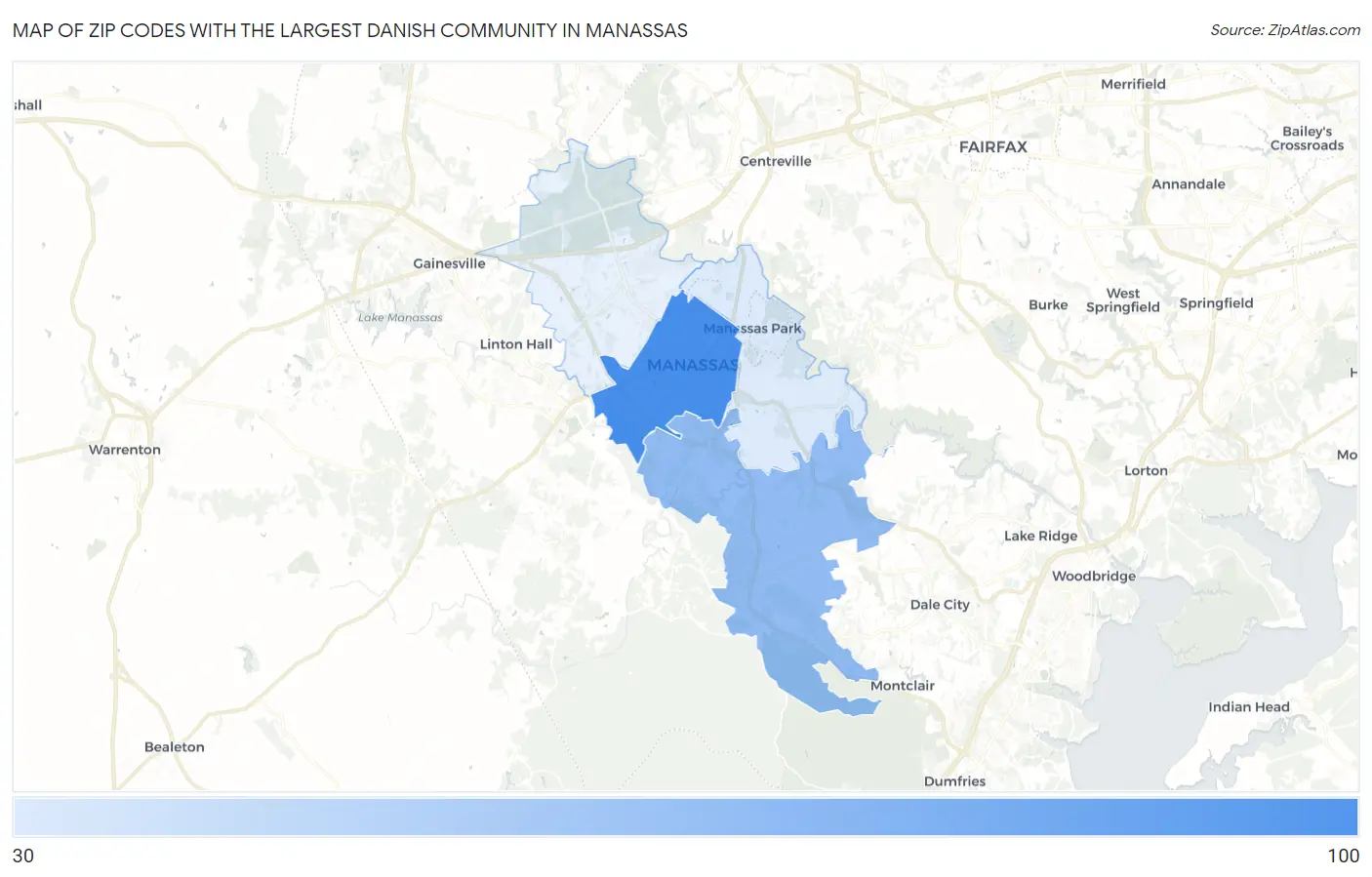 Zip Codes with the Largest Danish Community in Manassas Map