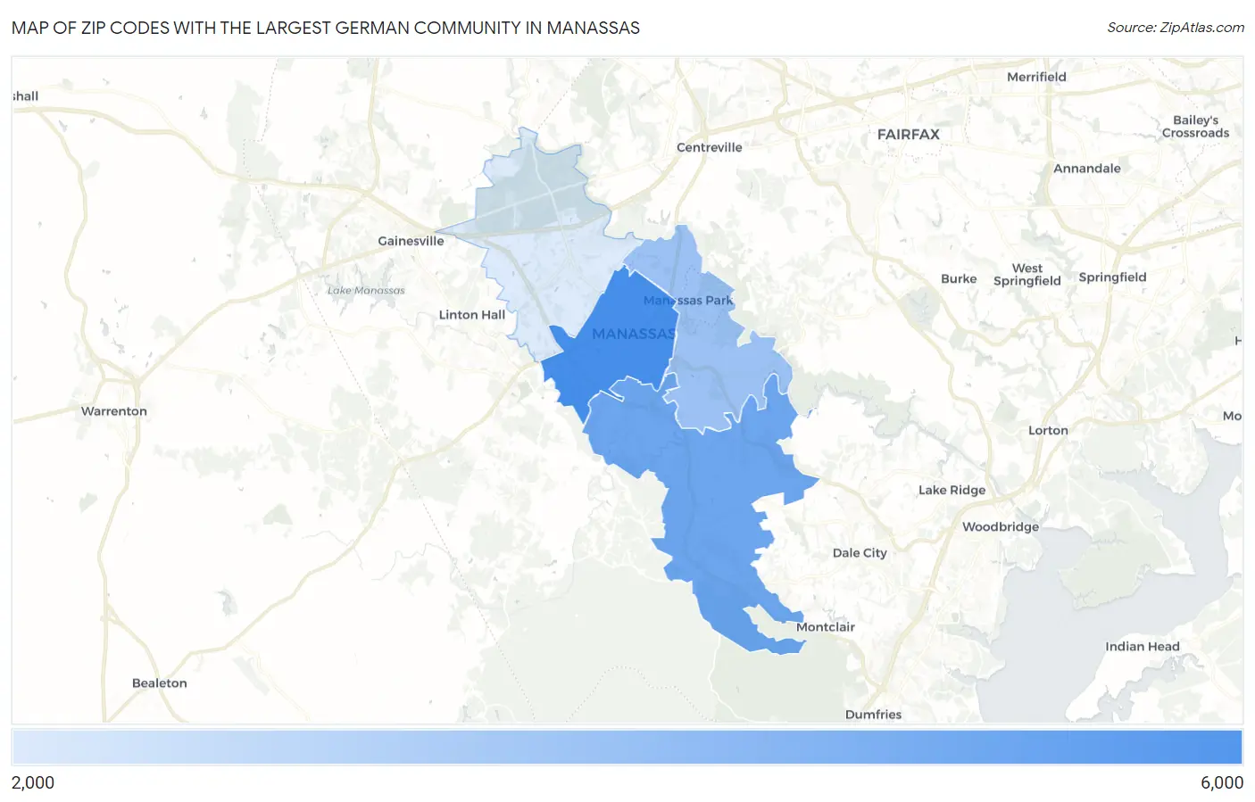 Zip Codes with the Largest German Community in Manassas Map