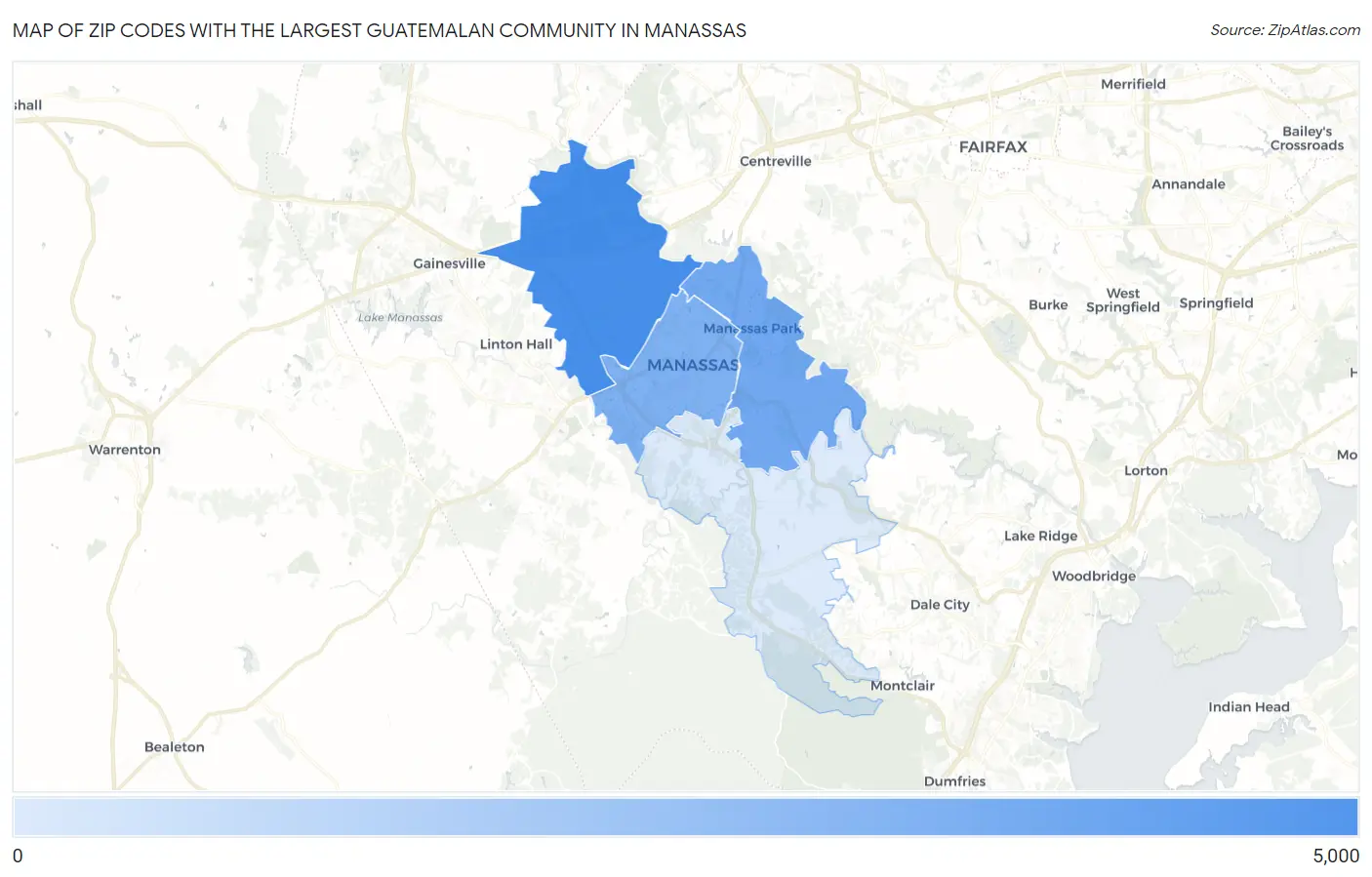 Zip Codes with the Largest Guatemalan Community in Manassas Map
