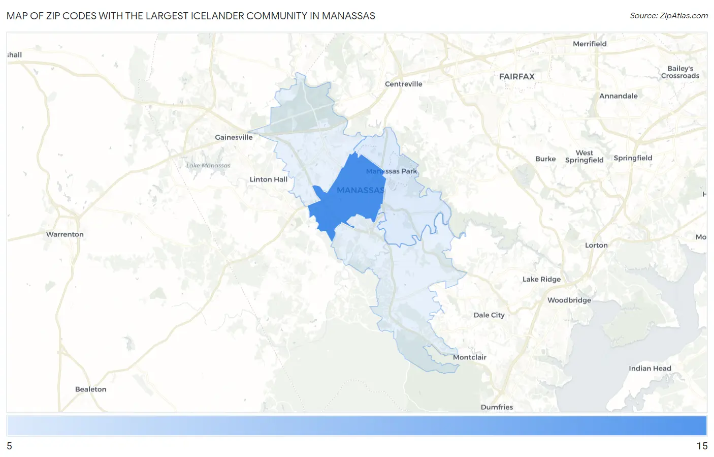Zip Codes with the Largest Icelander Community in Manassas Map