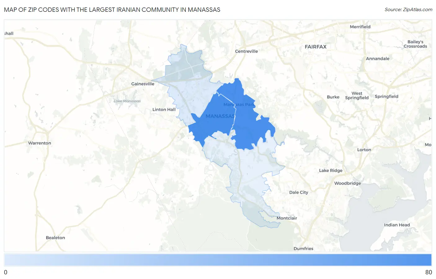 Zip Codes with the Largest Iranian Community in Manassas Map