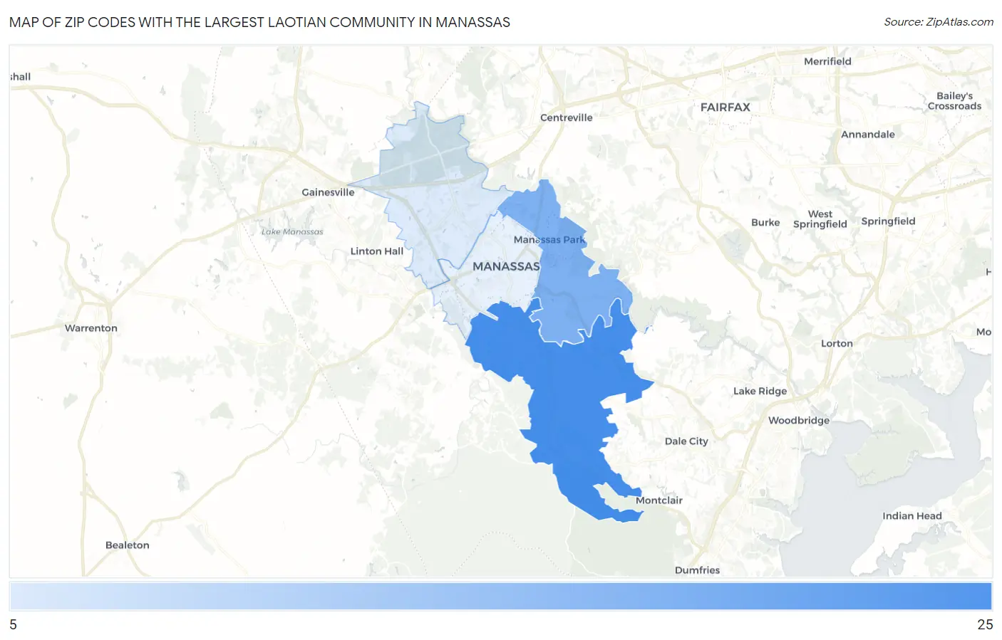 Zip Codes with the Largest Laotian Community in Manassas Map
