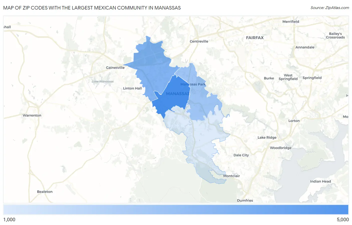 Zip Codes with the Largest Mexican Community in Manassas Map