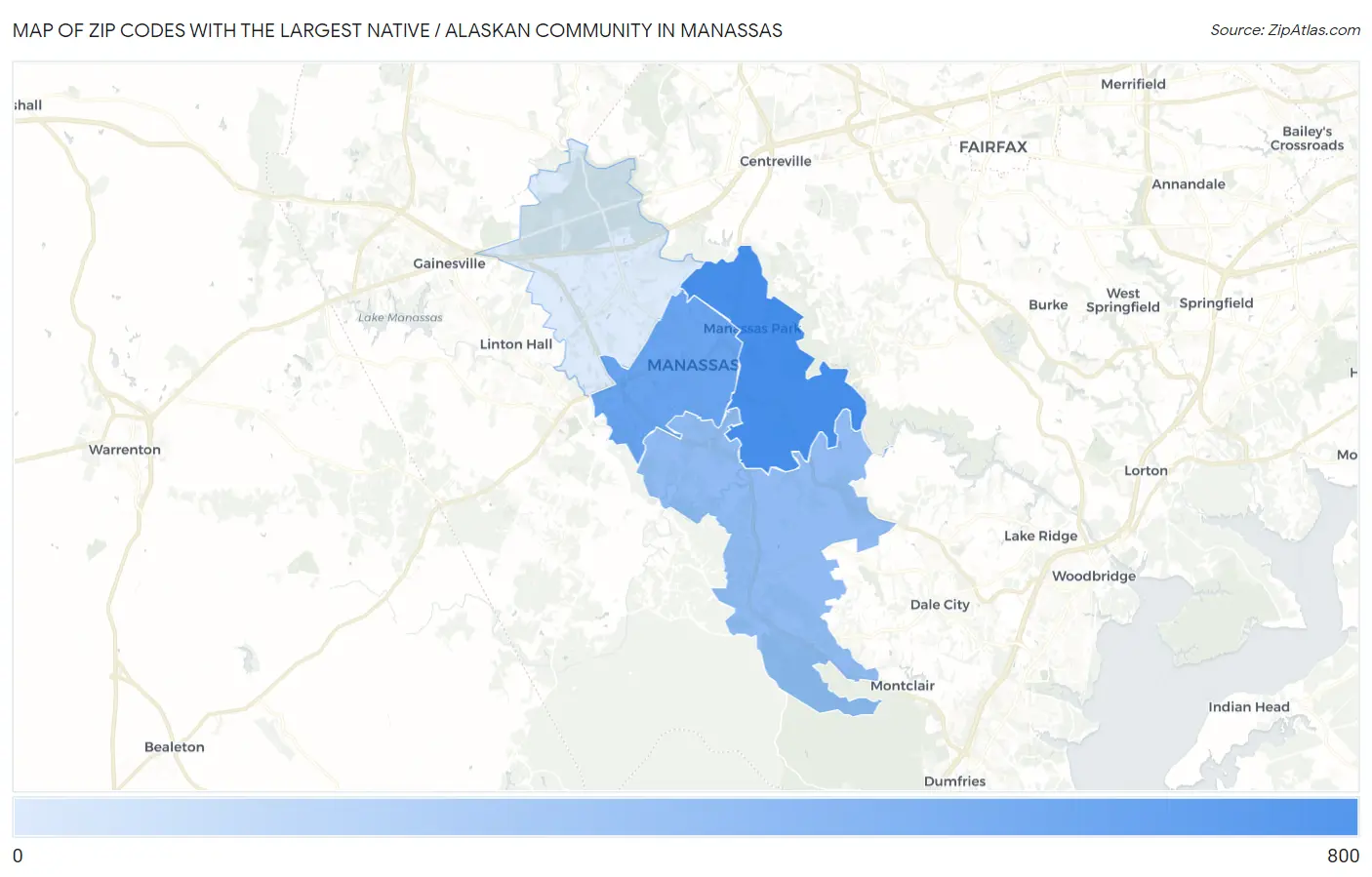 Zip Codes with the Largest Native / Alaskan Community in Manassas Map